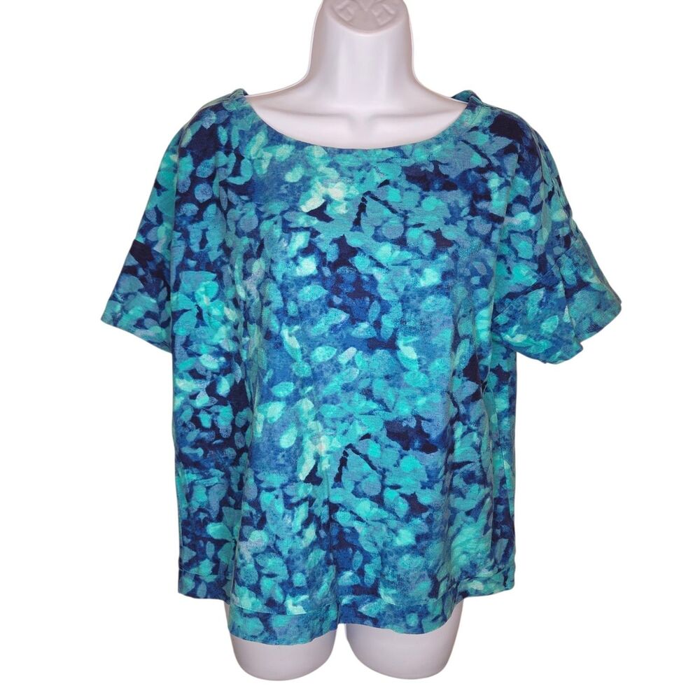 Weekends by Chico's Blue Watercolor Tie-Dye Short Sleeve Top - Size 1 Med